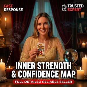 May include: A woman holding a tarot card with a colorful illustration. The image includes text that reads "INNER STRENGTH & CONFIDENCE MAP" and "FULL DETAILED RELIABLE SELLER". The background features candles, a crystal ball, and the words "FAST RESPONSE" and "TRUSTED EXPERT".