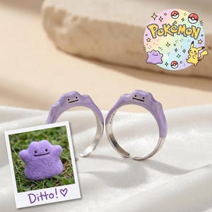 PokeDittoPurple Ring – Paarse emaille Ditto-ring in zilver | Verstelbare schattige Pokémon-ring voor fans en als cadeau