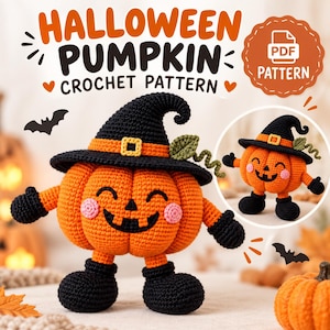 Może przedstawiać: Szydełkowa lalka dynia na Halloween w czarnym kapeluszu czarownicy z pomarańczową opaską i klamrą, z uśmiechniętą buzią z różowymi policzkami, czarnymi ramionami i butami. Tekst głosi HALLOWEEN PUMPKIN CROCHET PATTERN oraz PDF PATTERN.