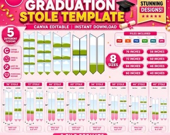 Plantillas de marcos de Canva para estolas de graduación, 8 tamaños y 5 diseños diferentes, estola de graduación editable, marco para banda, estola infantil, promoción de 2026, 72".