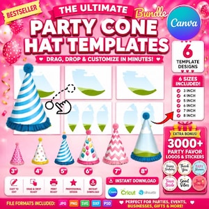 Könnte beinhalten: Ein rosa Grafik mit dem Text "THE ULTIMATE PARTY CONE HAT TEMPLATES" und Bildern von Partyhüten. Enthält 6 Vorlagen in Größen von 7,6 cm bis 20,3 cm sowie zusätzliche Party-Geschenkanhänger und Aufkleber.