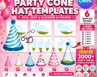 Paquete de plantillas para sombreros de cono para fiestas, 6 tamaños de plantillas, plantillas para sombreros de cono de cumpleaños, plantillas para sombreros de fiesta, editables en Canva (arrastrar y soltar), imprimibles.