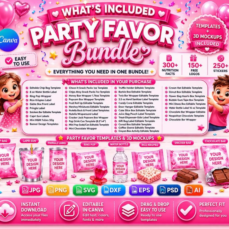 May include: 600+ party favor templates, easily drag and drop in Canva.  Instant downloads include JPG, PNG, SVG, DXF, EPS, PSD, and AI files.  Templates feature green and white designs for chip bags, Pringle labels, soda cans, water bottles, chocolate bars, ring pops, and candy boxes.  Text includes 'Put Your Design Here', 'Design Here', and product names.