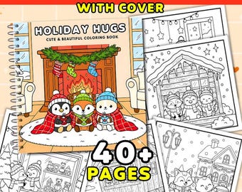 Libro para colorear "Abrazos navideños", páginas para colorear lindas para niños y adultos, libro para colorear acogedor y relajante, páginas para colorear cómodas y acogedoras, PDF imprimible.