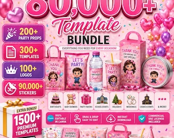 80000+ Party Favor Template Bundle, Party Favor Mockups, Chip Bag Wasserflasche Etikett Schuhkartonvorlage, Nährwertangaben, Canva Bearbeitbares svg