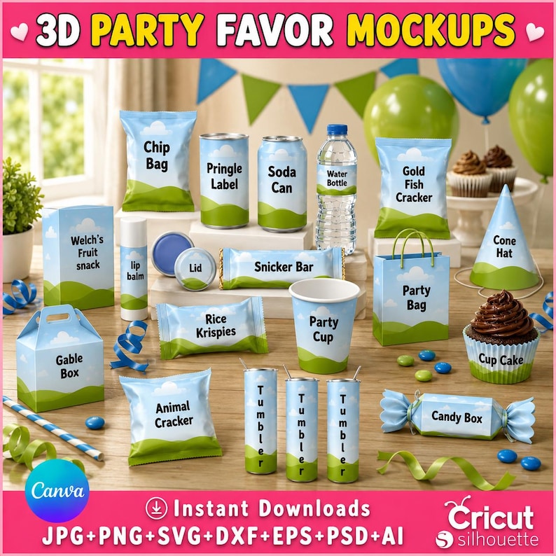 May include: 3D party favor mockups bundle.  JPG, PNG, SVG, DXF, EPS, PSD, and AI downloads.  Includes various party supplies: chip bags, Pringle labels, soda cans, water bottles, chocolate bars, Rice Krispies treats, lip balm, gable boxes,  cone hats, and more.  Designs feature a consistent light blue and green color scheme with white clouds and green hills.
60 Party Favor Mockups Bundle, Party Favor Logos, Chip bag, Water Bottle Mockup, Canva Frame Mockup, 2025 Graduation party favor templates