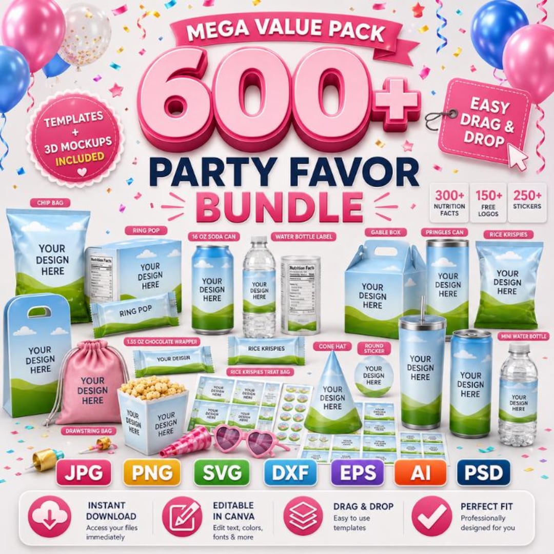 600+ Party Favor Templates , Template Bundle, Party Favors, Chip Bag Template , Capri Sun