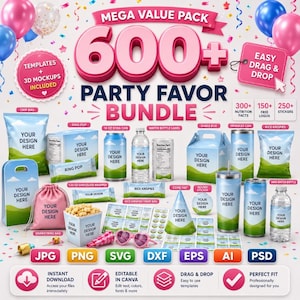 Könnte beinhalten: Ein Party-Geschenk-Bundle mit über 600 Vorlagen, darunter Chip-Tüten, Limonaden-Dosen, Wasserflaschen und mehr. Das Design zeigt rosa und blaue Luftballons mit dem Text "Party Favor Bundle" und "Easy Drag & Drop".
