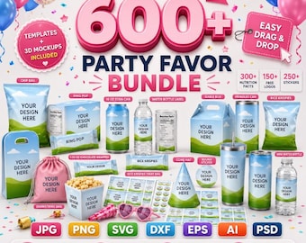 Más de 600 plantillas para recuerdos de fiesta, paquete de plantillas, recuerdos de fiesta, plantilla para bolsas de papas fritas, etiquetas para Capri Sun, envoltorio para barras de chocolate, maquetas de recuerdos de fiesta
