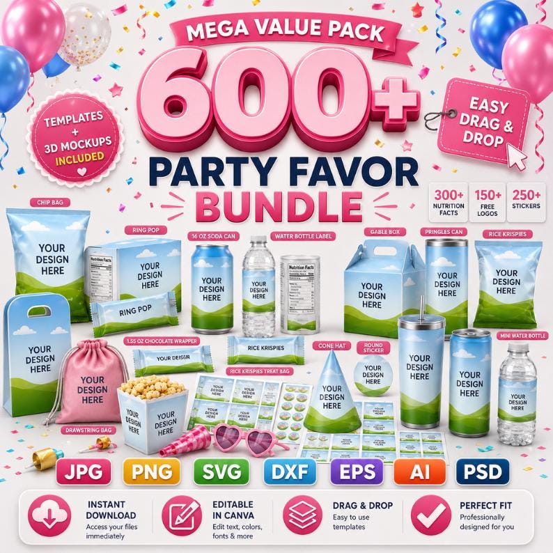 May include: 350+ party favor templates in JPG, PNG, SVG, DXF, EPS, and PSD formats.  Includes 40+ mockups and A-Z Canva frames. Designs feature a green and blue landscape theme with clouds. Templates include various shapes and sizes for chip bags, Pringle labels, soda cans, animal crack, and chocolate bars.  Perfect for Cricut and Silhouette users.
6 Party Favor Template Bundle, Chip Bag Template, Water Bottle Labels, Chocolate Bar , Pringles Template, Party Favor , SVG , Canva Editable image 1