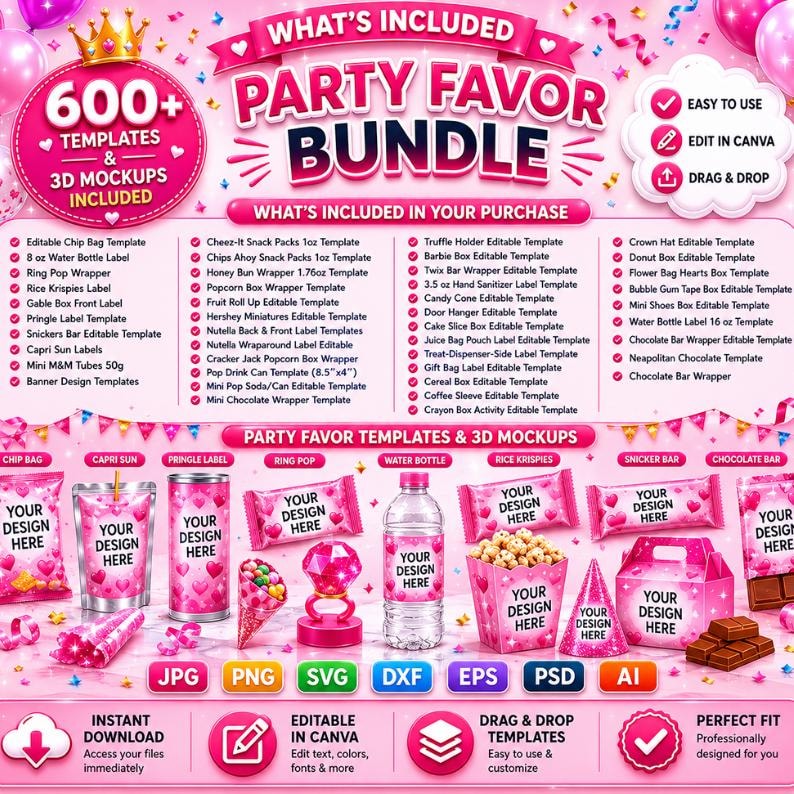 May include: 350+ party favor templates instant downloads.  JPG, PNG, SVG, DXF, EPS, PSD, and AI files included.  Images show various editable templates for chip bags, Capri-Sun pouches, Pringle's cans, chocolate bars, water bottles, and more.  Designs feature bright colors and fun graphics.  Cricut and Silhouette compatible.