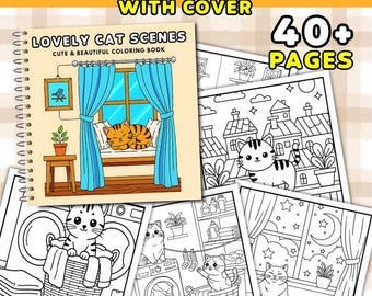 Libro para colorear con escenas de gatos, páginas para colorear lindas para niños y adultos, libro para colorear acogedor y relajante, páginas para colorear, PDF imprimible.