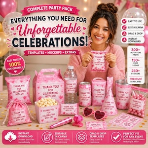 May include: 600+ party favor templates, easily drag and drop in Canva.  Instant downloads include JPG, PNG, SVG, DXF, EPS, PSD, and AI files.  Templates feature green and white designs for chip bags, Pringle labels, soda cans, water bottles, chocolate bars, ring pops, and candy boxes.  Text includes 'Put Your Design Here', 'Design Here', and product names.