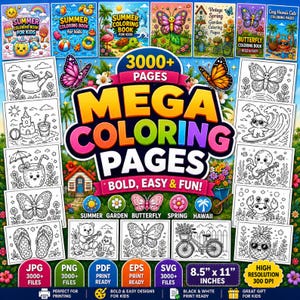 May include: A digital collection of 3000+ coloring pages featuring summer, garden, butterfly, spring, and Hawaii themes. The set includes various black and white line art illustrations of animals, flowers, and beach items in 8.5 x 11 inches format.