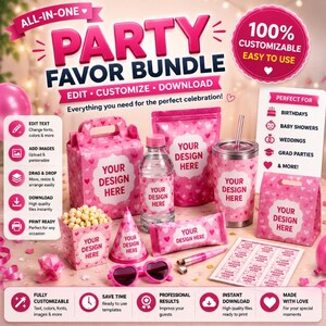 May include: An image showcasing party favor templates, with the text "350+ PARTY FAVOR TEMPLATES". Designs include templates for chip bags, labels, and soda cans. The Canva and Cricut logos are also visible.