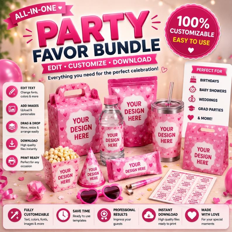 May include: An image showcasing party favor templates, with the text "350+ PARTY FAVOR TEMPLATES". Designs include templates for chip bags, labels, and soda cans. The Canva and Cricut logos are also visible.
