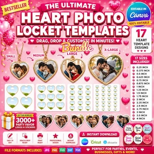May include: A digital bundle of heart-shaped locket templates, with sizes from 0.25 to 4 inches. The design includes templates for small, medium, large, and X-large lockets, with the text "The Ultimate Heart Photo Locket Templates". Includes party favor logos and stickers.