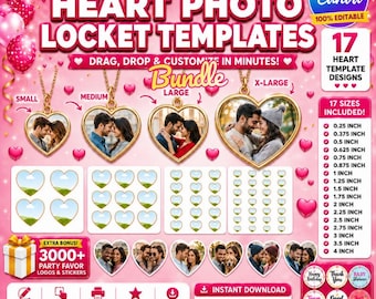 Paquete de plantillas de medallones de corazón con fotos, impresiones personalizadas de medallones de corazón con fotos, varios tamaños y formas, medallón, corazones, Canva editable con función de arrastrar y soltar.