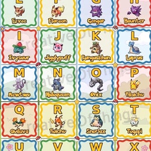 May include: A colourful educational poster titled A-Z Pokemon Alphabet featuring twenty-six individual squares, each containing a letter of the alphabet, a corresponding Pokemon character, and its name. The grid includes various cartoon creatures.