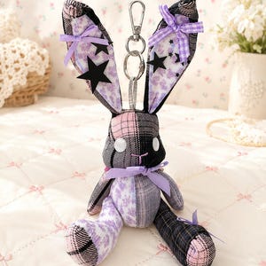 Handmade Posable Rabbit Doll, 4 Joint Patchwork Bunny Keychain, Gothic Bunny Bag Charm, Handmade Plush Art Doll Gift for Her