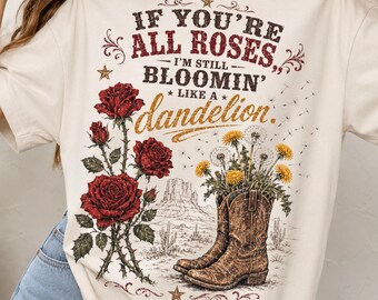 Vaquera vaquera vintage con diente de león PNG / Botas vaqueras Diseño de sublimación / Imágenes prediseñadas bohemias del oeste / Flores silvestres, música country PNG digital