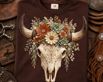 PNG de calavera de vaca floral / Diseño de sublimación de vaquera occidental, PNG de calavera de toro con pinceladas, gráfico de calavera de cuernos largos boho, PNG de camisa campestre