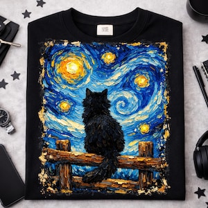 Starry Night Cat PNG | Van Gogh Inspired Kitten Clipart, Black Cat Lover PNG, Ghost Cat Mom Png, Kitten PNG, watercolor cat png