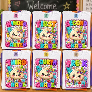 Glitter Kawaii Dumpling Back to School PNG Bundle | Teacher Shirt Design, Kindergarten to Fourth Grade Digital Download, Colorful school PNG