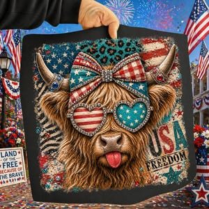 May include: A black square featuring a Highland cow with patriotic accessories. The cow wears heart-shaped sunglasses, a bow, and horn jewelry, all in red, white, and blue. The image includes the text "USA FREEDOM" and a patriotic theme.