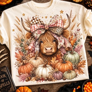 May include: A cream-colored t-shirt featuring a graphic of a Highland cow wearing a large bow with plaid and leopard print patterns. The cow is surrounded by autumn leaves, wheat stalks, pinecones, and several pumpkins in shades of orange, white, and green.