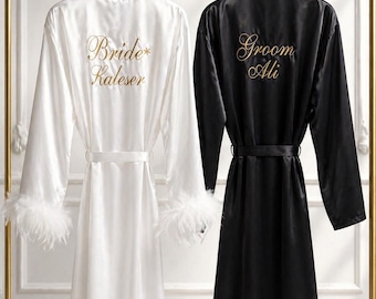 Personalized Bride Groom Satin Robe Set, Feather Sleeve Wedding Gift, Honeymoon Apparel