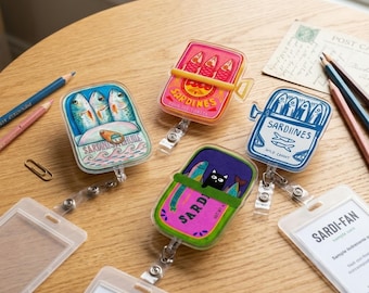 Badgehaspel sardine intrekbaar - preppy sardines vis blikken ID-houder, sleutelkoord leraar verpleegkundige kantoor, grappige retrostijl