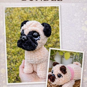 Mops-virkmönsterpaket PDF – Mini + Fullstorleks hund-amigurumi, 2 mönster, söt valp, digital nedladdning