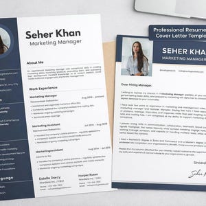 Peut inclure: Un modèle de CV et de lettre de motivation professionnel, bleu marine et blanc. Le CV comprend une photo, des coordonnées, l'éducation, les compétences et l'expérience professionnelle. La lettre est adressée à un responsable du recrutement.