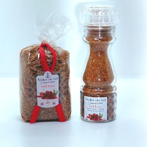 Sel Fou - Sel Aromatisé pour Cuisine Créative - Pack Moulin à Sel 115gr + Recharge 300gr - Fabrication Artisanale