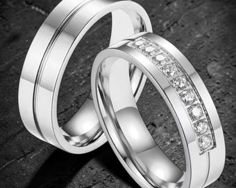 Set di anelli di coppia in titanio, anelli per lui e per lei, anello in titanio da 8 mm, anello con zirconi cubici e diamanti, anello di promessa, anelli personalizzati con incisione.