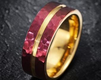 Anello in fibra di carbonio rosso, titanio, anello da uomo in oro da 8 mm, anello con intarsio rosso, fede nuziale da uomo unica, anello con vestibilità comoda, regalo per lui