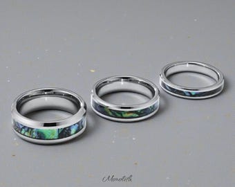 Fede nuziale personalizzata in tungsteno con conchiglia di abalone, fascia iridescente, regalo di anniversario per uomo e donna