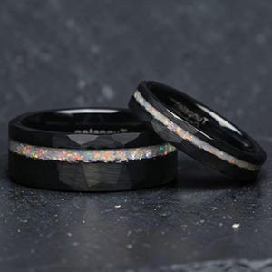 Black Tungsten Opal Wedding Band, White Fire Opal Inlay Ring, His and Hers Tungsten Rings, Mens Opal Wedding Band, 6mm 8mm Ring