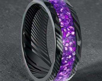 Anello galassia viola, fede nuziale in acciaio di Damasco, anello in tungsteno nero da 8 mm, anello con intarsio nebulosa, anello di promessa da uomo, anello unico