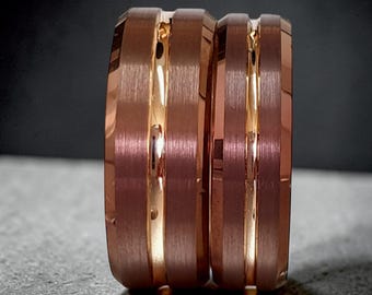 Fede nuziale in tungsteno nero, anello in tungsteno color oro rosa per uomo, anello nuziale da uomo con bordo smussato spazzolato e vestibilità comoda, fascia da 6 mm e 8 mm