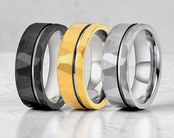 Set di fedi nuziali in tungsteno martellato abbinate, fedi per lui e per lei in argento, oro e nero, anelli per anniversario sfaccettati e comodi.