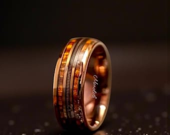 Anillo de cuerda de guitarra con forma de barril de whisky, banda de tungsteno de oro rosa para hombre