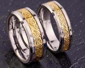 Set di fedi nuziali in tungsteno per lui e per lei, fasce con intarsio in fibra di carbonio a forma di drago, anelli di coppia in argento, fedi nuziali abbinate 6 mm 8 mm