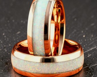 Fede nuziale da uomo con opale, anello in tungsteno color oro rosa, anello con opale bianco fuoco per uomo, fede nuziale in tungsteno da 8 mm, anello inciso, regalo per lui