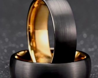 Fede nuziale in tungsteno nero, anello nero spazzolato con interno dorato, anello da uomo in tungsteno, fede nuziale minimalista per lui, fascia opaca da 6 mm