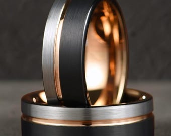 Fede nuziale in tungsteno nero, anello nero spazzolato con interno in oro rosa, anello da uomo in tungsteno, fede nuziale comfort fit con bordo argentato.