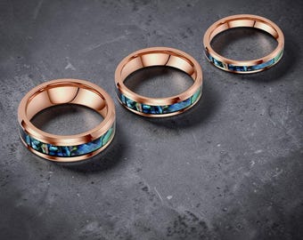 Anello nuziale con conchiglia di abalone, fascia in tungsteno color oro rosa, anello con intarsio oceanico, fascia stile opale, per lui e per lei, 4 mm 6 mm 8 mm Regalo