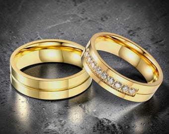 Set di anelli di coppia in titanio, fede nuziale placcata oro, anello di promessa con diamante per lui e per lei, anello in titanio da 8 mm, anelli personalizzati con incisione.