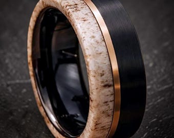 Anello in corno di cervo in tungsteno nero, fede nuziale da uomo da 8 mm, anello in tungsteno con corno di cervo, anello in corno nero, anello per marito, anello per sposo